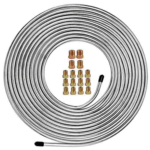 MuHize Brake Line Kit 25 ft 1/4" - Upgraded Zinc-Coated Flexible Brake Tubing Roll with Rustproof & Corrosion Protection - Include 16 Inverted Flare Fittings for Car, Truck, Auto Brake System Repair - color: Silver