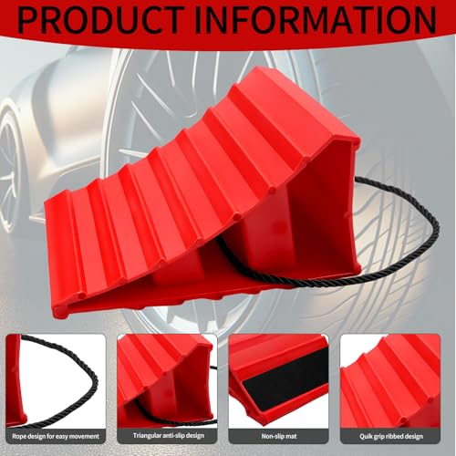 4 Pack Wheel Chocks, Heavy Duty Non Slip Wheel Chocks with Rope, Plastic Hard Wheel Stoppers Block for Camper Cars, RV Trailer, Trucks, Red - color: Red