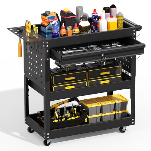 Greenvelly Metal Tool Chest, 3-Drawer Rolling Tool Cart with Wheels, Industrial Mechanic Carts with Drawers and Pegboard, Tool Storage Cart for Garage,Warehouse,Workshop, Barbershop(Black) - color: Black, size: 3 Drawers