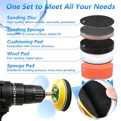 143 PCS 3 in Drill Polishing Kit 60-10000 Grit Hook and Loop Sanding Discs | Wet Dry, Hook and Loop Sanding Discs, Headlight Restoration Kit, Sandpaper Pads, Rotary Tools, for Wood, Metal, Glass - style: 3 IN