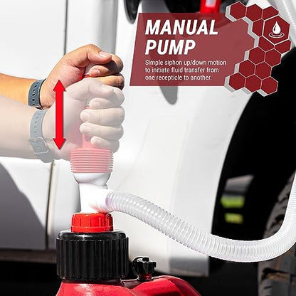 TERA PUMP TRM20-XL Racing Can Hand Fuel Transfer Pump | Manual Siphon Pump for Jerry Cans, 4.2 ft Outtake Hose, 1.9 ft Intake Hose, 3.2 Gal / Min, Flexible Intake Hose - size: 3.2 Gal / Min