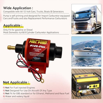 Universal 12 Volt Electric Fuel Pump 5-9 PSI, 35GPH, Super 12S Plus for Gasoline Diesel Engines with 5/16 Inch (8mm) ID Fuel Line Hose 6.56FT - color: 5-9PSI 35 GPH for Gasoline+ 6.56FT Fuel Line