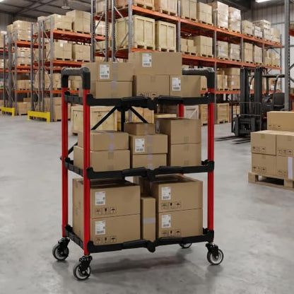 WORKPRO 3-Tier Collapsible Utility Cart, 210 LBS Cart with Wheels | No Assembly Required, Foldable Service Cart with Spacious Shelves for Garage, Warehouse, Office & Home Use, Black/Red - color: Black/Glossy Red