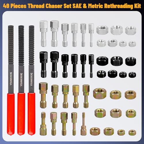 49PCS Thread Chaser Set, Thread Repair Thread Chaser Kit Metric SAE Bolt Restorer File Nut Rethreader Automotive Wheel Stud Spark Plug Engine Bolt Holeson Standard Screw Threading UNC UNF
