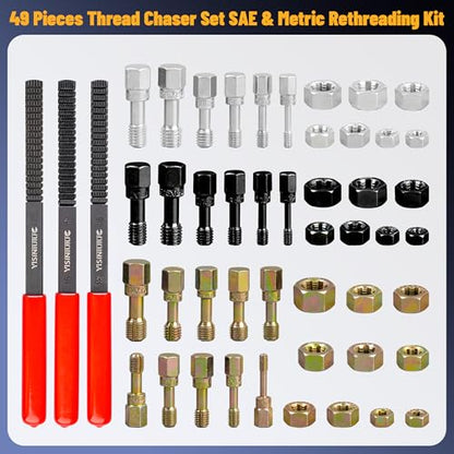 49PCS Thread Chaser Set, Thread Repair Thread Chaser Kit Metric SAE Bolt Restorer File Nut Rethreader Automotive Wheel Stud Spark Plug Engine Bolt Holeson Standard Screw Threading UNC UNF