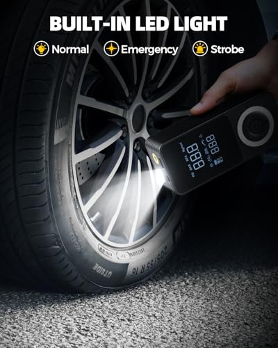 Cordless Tire Inflator Portable Air Compressor, Smart Air Pump for Car Tire with Digital Pressure Gauge, LED Light, 12V Car Power Adapter, Storage Box, 4 Valve