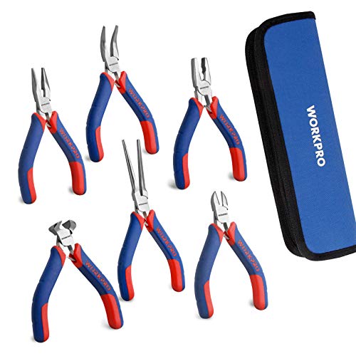 WORKPRO 6-piece Mini Pliers Set with Pouch | Needle Nose, Diagonal, Long Nose, Bent Nose, End Cutting and Linesman, for Making Crafts, Repairing Electronic with Pouch - color: Blue