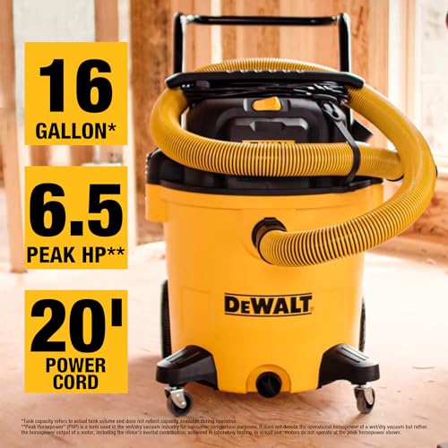 DEWALT DXV16PA 16 Gallon Poly Wet/Dry Vac/Acc, 6.5HP Shop Vacuum Wet/Dry for Jobsite/Workshop, Yellow - size: 16 gallon