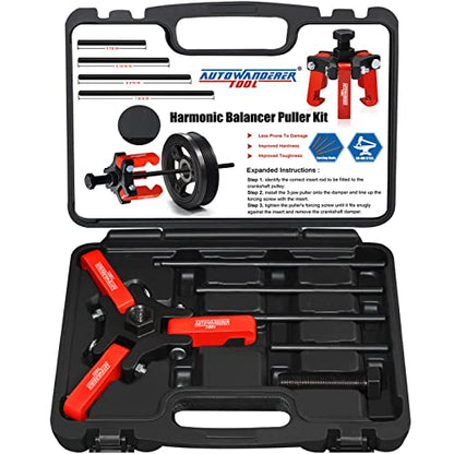 Harmonic Balancer Puller with Adjustable 3-Jaw Puller Kit, Forcing Screw Fits a 3/8" Square Drive and 4 Forcing Rods for Removing Harmonic Dampers & Balancers By Autowanderer Tool