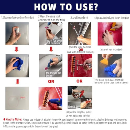 Car Dent Puller Kit,dent Removal Kit for Dent Repair with 5 Kinds of Dent Puller,Dent Lifter& Big Size Heavy Duty Slide Hammer &Bridge Puller for Hail Dent Removal Tools(103pcs no dent Light)