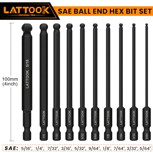 Ball End Hex Head Allen Wrench Drill Bit Set, LATTOOK 10PCS SAE 5/16” to 5/64” Ball End Hex Bit Set Allen Hex Key, Magnetic S2 Steel, 4'' Long - style: 10PCS Ball Hex Bits