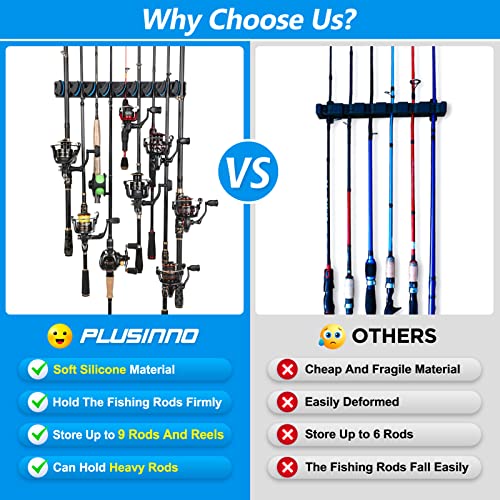 PLUSINNO Vertical Fishing Rod Holder, Wall Mounted Fishing Rod Rack, Fishing Pole Holder Holds Up to 9 Rods or Combos, Fishing Rod Holders for Garage, Fishing Gear and Gifts for Men - style: Blue 1-pack (store 9 combos)