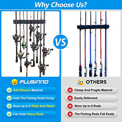 PLUSINNO 2 pack Vertical Fishing Rod rack, Wall Mounted Fishing Rod holder, 2 Packs Fishing Pole Holders Hold Up to 18 Rods or Combos, Fishing rod holders for garage, Fishing Gear and Gifts for Men - style: Blue 2-pack (store 18 combos)