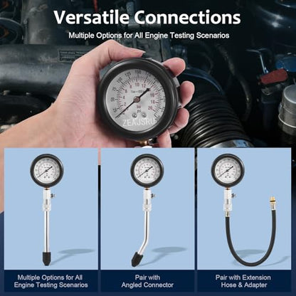Engine Compression Tester Kit 8PCS, 0-300 PSI Cylinder Pressure Test Tool for Gasoline Engines on Cars, Motorcycles, ATVs & Small Engines with Dual Scale Gauge and Adapters (Black-8PC)