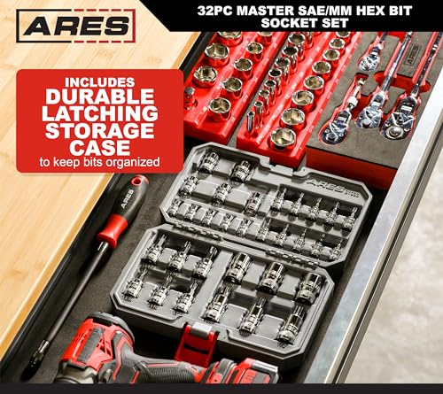 ARES 31030 32-Pc Master SAE & Metric Hex Bit Socket Set - 1/4,3/8,1/2-In | Knurled Drive Ends; Durable Latching Storage Case - size: Master SAE and Metric Hex Bit Socket Set