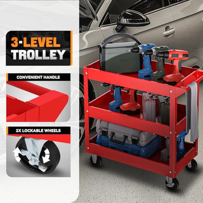 Auto Dynasty 3-Tier Rolling Service Cart 220 lbs Capacity Tool Cart on Wheels Heavy Duty Utility Cart for Warehouse, Garage and Mechanic Work, Red - size: 220lbs