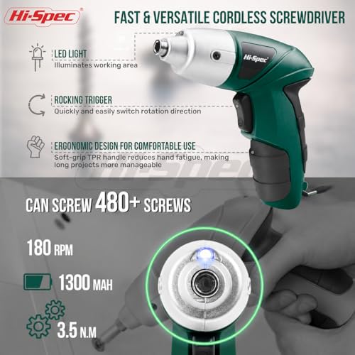 Hi-Spec 3.6V Cordless Electric Screwdriver Set with Interchangeable Bits, Green - color: Green