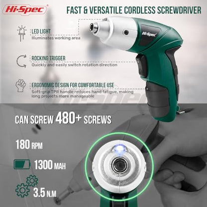 Hi-Spec 3.6V Cordless Electric Screwdriver Set with Interchangeable Bits, Green - color: Green