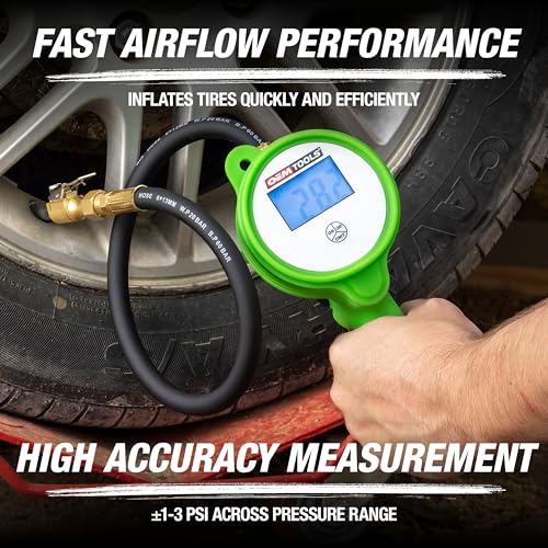 OEMTOOLS 24412 Digital Tire Inflator with Tire Pressure Gauge, Digital LCD Display, 0 to 175 PSI Air Pressure Gauge for Tires with 21” Hose and Clip-On Air Chuck | 0-175 PSI Measuring Range, 21” Hose and Clip-On Air Chuck, Oil Resistant Anti-Shock Rubber