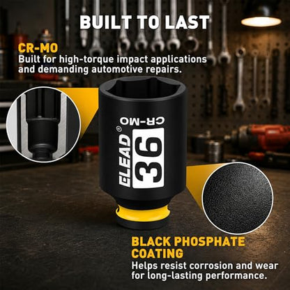 ELEAD 36mm Socket 1/2" Drive Deep Impact Socket, Metric 6 Point 1/2-inch Drive Impact Axle Nut Sockets, CR-MO Nut Socket Set, Oil Filter Sockets, Tools for Easy Removal of Axle Shaft Nuts
