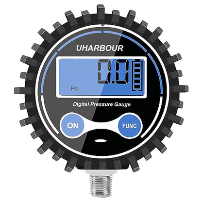 UHARBOUR Digital Air Pressure Gauge 5-200 PSI Digital Pressure Gauge 1/8" NPT, 2-1/2" Dial Size Auto Shut Off Air Pressure Gauge with Protective Case - size: 200PSI