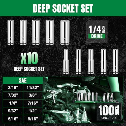 SK 1/4" Drive Socket Set, Deep SAE Sockets, 10-Piece 3/16" to 9/16" | SuperKrome Finish, Premium CR-V Steel, with Aluminum Socket Organizer - size: 0.19 - 0.56 inch, style: Deep