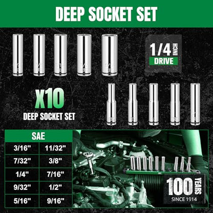 SK 1/4" Drive Socket Set, Deep SAE Sockets, 10-Piece 3/16" to 9/16" | SuperKrome Finish, Premium CR-V Steel, with Aluminum Socket Organizer - size: 0.19 - 0.56 inch, style: Deep