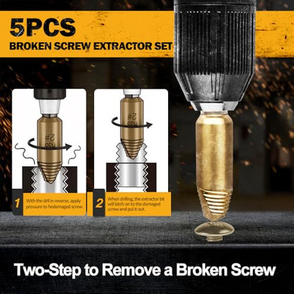 5-Piece Stripped Screw Extractor Set - HSS 4321, Father's Day, Gifts from Wife Daughter Son Manually Remove Screws and Bolts, Damaged Screw Removal Extractor Set - Ideal for DIY and Home Repairs - color: Golden