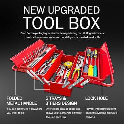 YATOINTO Metal Cantilever Tool Box 18 Inch, 3 Layers 5 Tray Portable Fold Out Tool Box Organizer Storage for Home Studio Auto Repair Factory 18" * 8 "* 8"