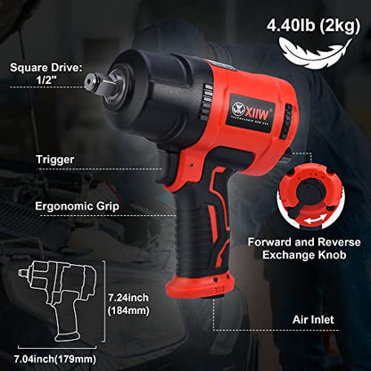 XIIW 1/2 Inch Air Impact Wrench, Max Torque 1560 ft-lbs, Lightweight 4.4 lb | Includes 11 Pcs CR-V Steel Impact Socket Set and Storage Case, 8000RPM 1/2 Air Impact Gun Twin Hammer for Automobile Repair - size: 1/2 inch | 1560 ft-lbs 15 PCS Wrench + Socket