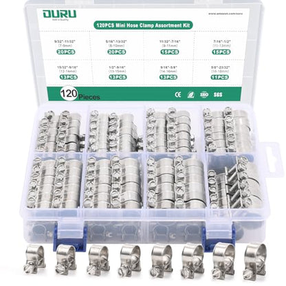OURU 120PCS Fuel Line Clamp Assortment Kit 304 Stainless Steel,8 Sizes Adjustable 9/32"-23/32" Dia (7-18mm) Mini Fuel Injection Gas Line Hose Clamps,Pipe Clamp for Automotive,Diesel Petrol Pipe - size: 120PCS 9/32"-23/32" (7-18mm)