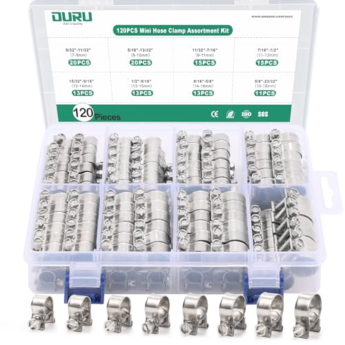 OURU 120PCS Fuel Line Clamp Assortment Kit 304 Stainless Steel,8 Sizes Adjustable 9/32"-23/32" Dia (7-18mm) Mini Fuel Injection Gas Line Hose Clamps,Pipe Clamp for Automotive,Diesel Petrol Pipe - size: 120PCS 9/32"-23/32" (7-18mm)
