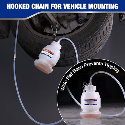WORKPRO 1L Brake Bleeder Bottle with 63 Inch Brake Bleeder Hose One Way Check Valve & Rubber Connector, One Man Brake Bleeder Kit with Hooked Chain, Wide Base - for Automotive, Cars, Motorcycles