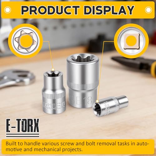 14-Piece E-Torx Socket Set, Premium External Torx Star Sockets - 1/4" 3/8" 1/2" Drive E4-E24, Ultimate Torque Socket Kit, Storage Case Included for Automotive Repair & Maintenance