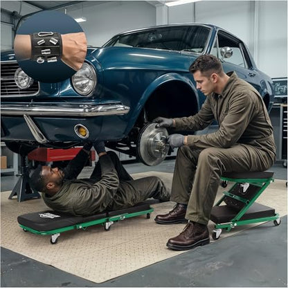 Creepers Automotive Mechanic Creeper Seat & Under Car Roller, 300lb Heavy Duty Foldable Garage Creeper with 360° Swivel Wheels, Magnetic Wristband, Low Profile Green Car Creeper for Mechanics - color: Green