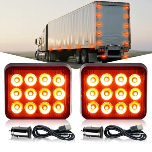 2PCS Amber LED Emergency Strobe Lights, Magnetic Flashing Lights | Rechargeable Strobe Beacon Light,Wireless Battery Powered 12-LED Caution Safety Warning Light for Trucks Trailer Car Van Tow - color: Amber