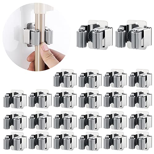 JAMEND CLXP 24 PCS Broom and Mop Holder, Heavy Duty Garden Tool Organizer Rack Rake and Shovel Handle, Stainless Steel Mop Hanger. Wall Mounted Utility Rack with Screws, Silver. - color: Silver-24, size: 24