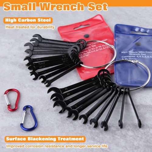 20PCS Mini Wrench Set 4mm-11mm & 5/32"-7/16" | Standard Metric and SAE, Black Electrophoretic Coating, Portable Pouch and Key Rings, Open End and Box End Combination - size: SAE&Metric Set A