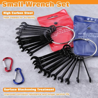 20PCS Mini Wrench Set 4mm-11mm & 5/32"-7/16" | Standard Metric and SAE, Black Electrophoretic Coating, Portable Pouch and Key Rings, Open End and Box End Combination - size: SAE&Metric Set A