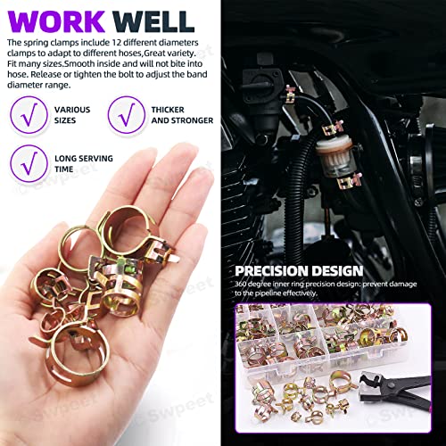 Swpeet 121Pcs 7-22mm Spring Band Hose Clamps with CV Boot Hose Clip Pliers Assortment Kit, Silicone Vacuum Hose Action Pipe Clamp Low Pressure Air Clip