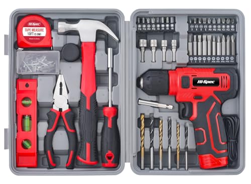 Hi-Spec 8V Cordless Drill Set and Starter Tool Kit for Home Projects, Red | Rechargeable USB, Repairs and Maintenance, DIY, faster holes and screwdriving, light-duty projects, home setup help - color: Red, size: 47-Piece