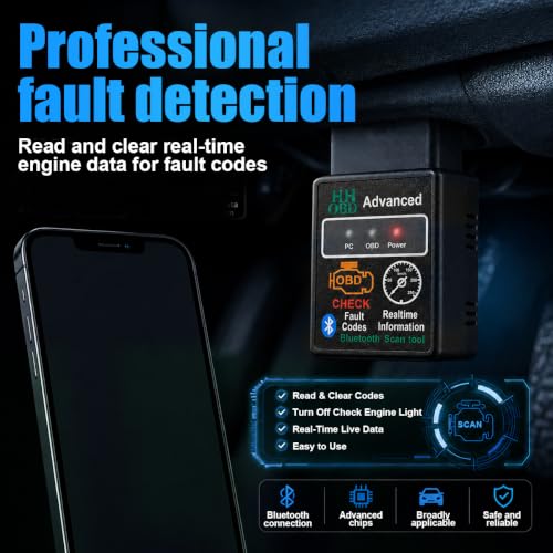 Car Bluetooth OBD2 Scanner, Wireless Car Diagnostic Scan Tool for Reset and Clear Fault Codes, Universal OBDII Auto Code Reader for Cars, SUVs, Trucks (Black)