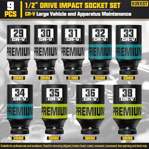 9 Piece 1/2" Drive Impact Socket Set, Metric Axle Nut Sockets, 29-38mm Thicker Jumbo Sockets, Socket Set, 6 Point, Cr-V Steel for Auto Repair - size: 1/2" 9pcs