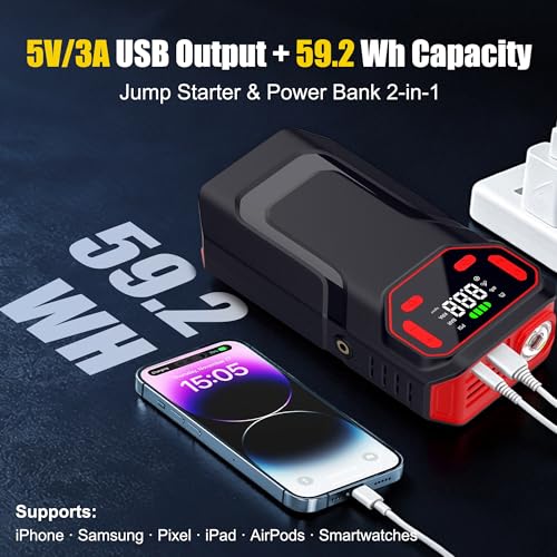 10-in-1 Jump Starter with Air Compressor,5000A Battery Jump Pack 150PSI | Jump Box((All Gas/12L Diesel) ),Spark-Proof & Reverse Polarity Protected, Portable Tire Inflator,LED Light