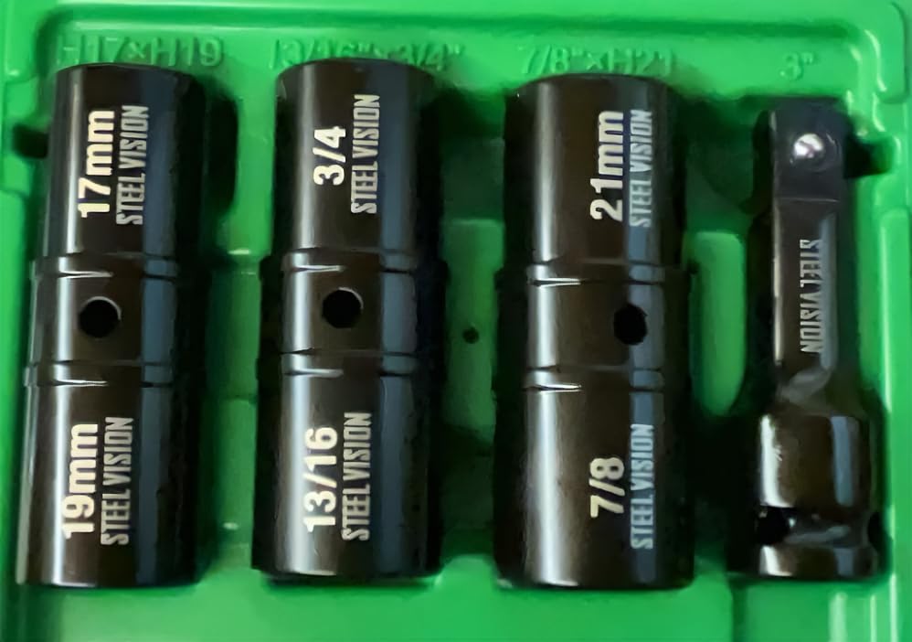 Steel Vision 4 pc 1/2″ Drive Flip Impact Socket Set with Extension – Cr-Mo Steel, Double Side Half Size Lug Nut Extractor Set, Metric & SAE Combo (17 & 19 mm, 3/4 & 13/16 in, 21 mm & 7/8 in), 6-Point - color: 4pc Metric+sae(black)