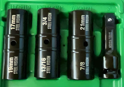 Steel Vision 4 pc 1/2″ Drive Flip Impact Socket Set with Extension – Cr-Mo Steel, Double Side Half Size Lug Nut Extractor Set, Metric & SAE Combo (17 & 19 mm, 3/4 & 13/16 in, 21 mm & 7/8 in), 6-Point - color: 4pc Metric+sae(black)