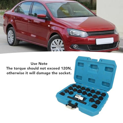 22pcs Wheel Lock Removal Tool Kit, 20 Different Sockets for Locking Lug Nuts, 1/2 Inch 85mm Socket Adapter, Chrome Molybdenum Steel Construction, Universal Automotive Lock Nut Remover Set