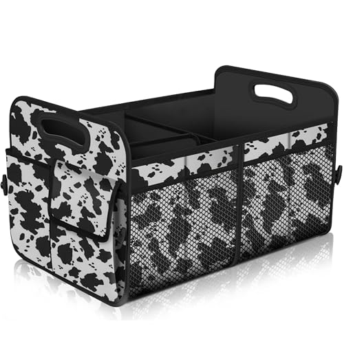 Femuar Car Trunk Organizer,Car Storage Organizer with 72L Large Capacity Waterproof Collapsible and 11 Pockets,Trunk Organizer for Car Suv/Jeep/Sedan, Large Size, Cow print - color: Cow print, size: Large