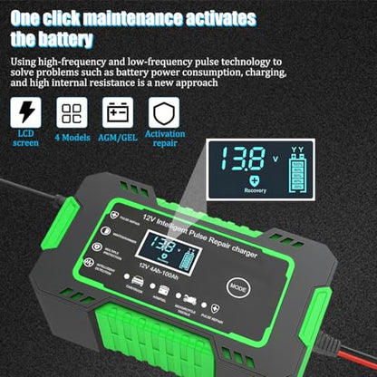 Car Battery Charger, 12V 6A Smart Fully Trickle Vehicle Battery Charger & Desulfator with Temperature Compensation, Portable Automotive Power Maintainer, Universal Fit (Green) - color: Green