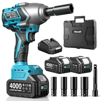 1/2 Impact Wrench 1200N.m, 1/2 Impact Gun & 2x 21V 4000mAh Batteries, Fast Charger, 4 Sockets & Storage Box, High Torque Impact Drive for Lug Nuts, Cars, Tires